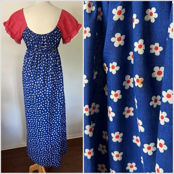 Vintage 70s Peasant Ric Rac Blue Red Maxi Dress Prairie‎ Ditsy // Size Medium - Picture 3 of 6